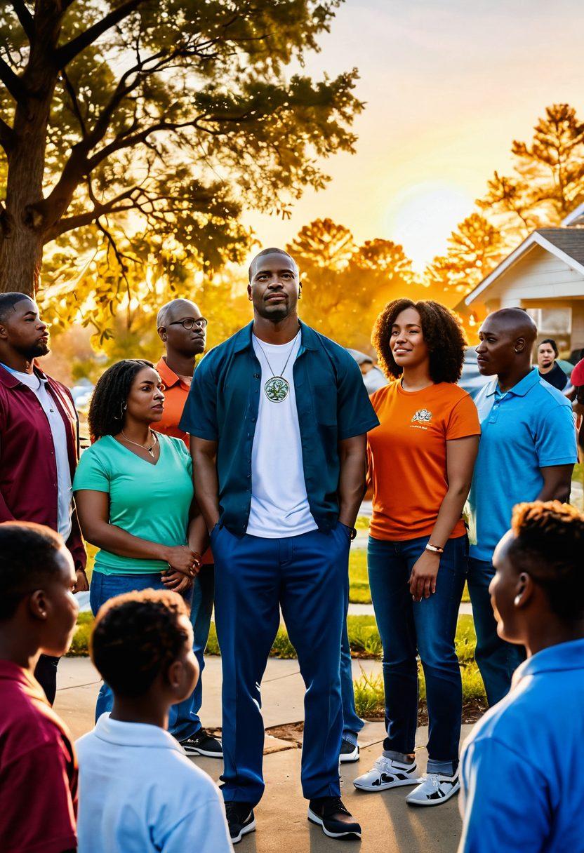 A powerful scene showing a diverse group of individuals, symbolizing resilience and rebuilding lives, standing together in front of a community center. They are engaged in discussions, with visible hope and determination in their expressions. The background features uplifting imagery like trees and sunrise, representing new beginnings. Include elements of mental health awareness such as supportive signs or symbols. super-realistic. vibrant colors. warm light.