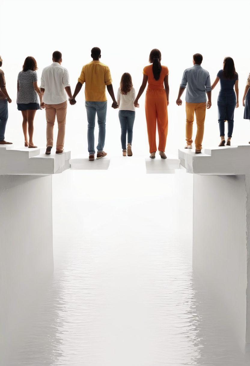 A powerful scene depicting a diverse group of individuals, each sharing their inspiring success story, with a backdrop symbolizing reintegration: a bridge leading towards a bright horizon. Include elements of community support, such as hands joining together and uplifting silhouettes. The atmosphere should be hopeful and motivational. super-realistic. vibrant colors. white background.