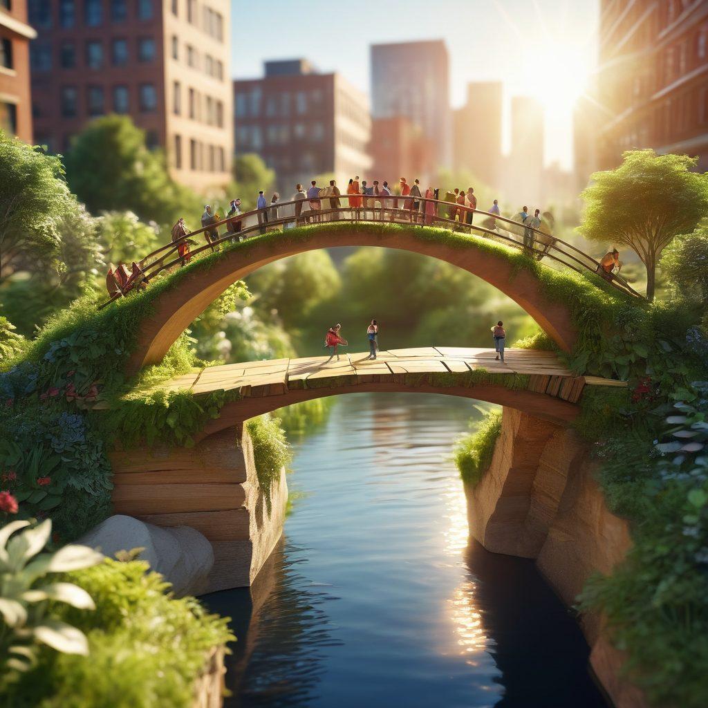 A diverse group of individuals working together to construct a symbolic bridge made of community resources such as books, tools, and food. Lush greenery surrounds them, representing growth and opportunity. Bright sunlight beams down, illuminating their teamwork and collaboration. In the background, urban elements hint at a cityscape, symbolizing connection and progress. super-realistic. vibrant colors. 3D.